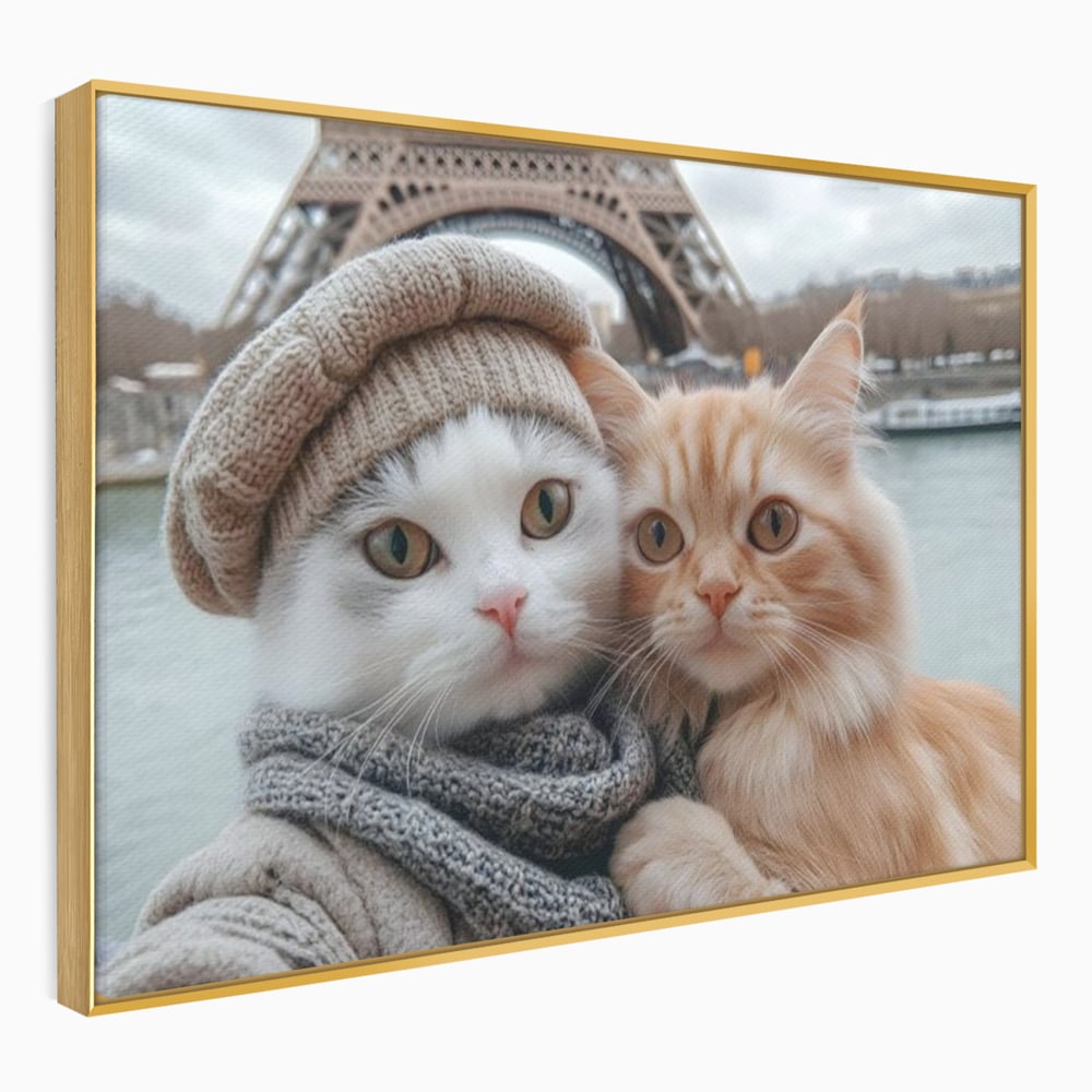 Tablou canvas cu tablou canvas cu pisici in paris, in rama de aluminiu auriu